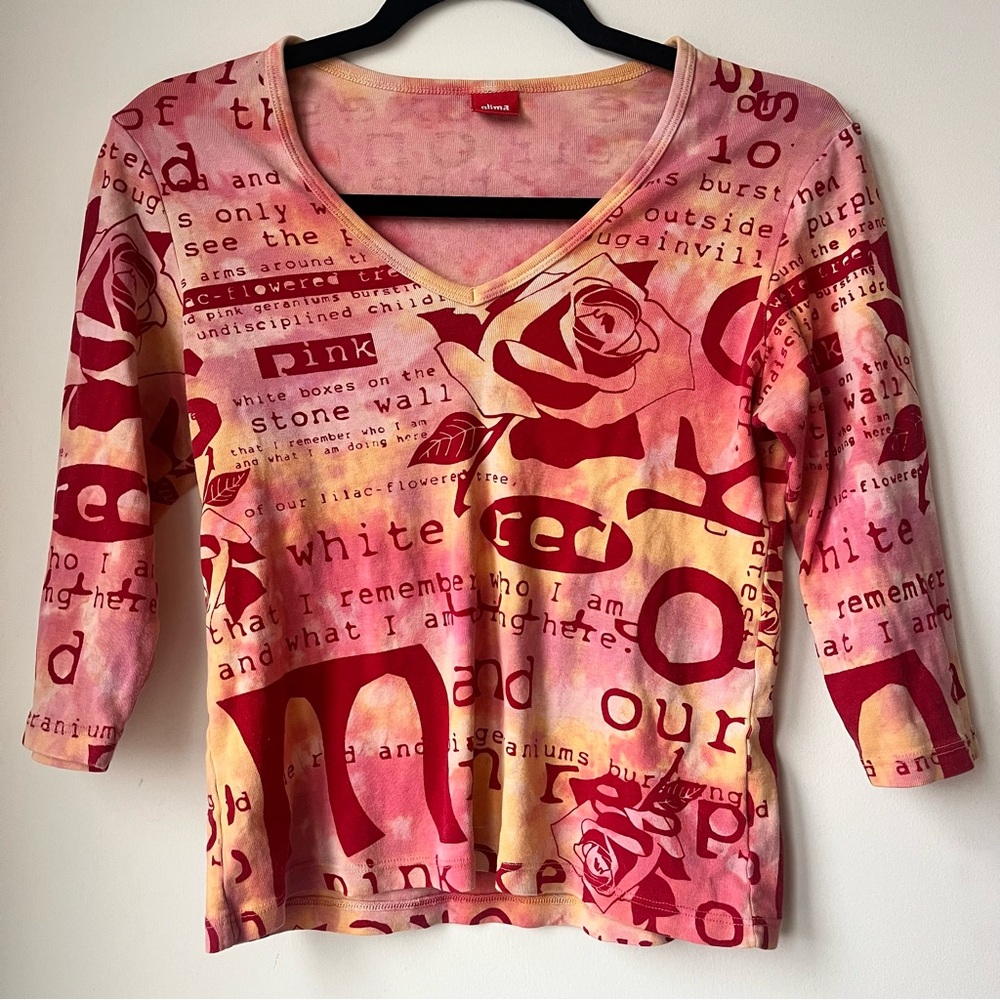 Glima 90s y2k Euro Multicolor Text and Rose Print 3/4 Sleeve Top